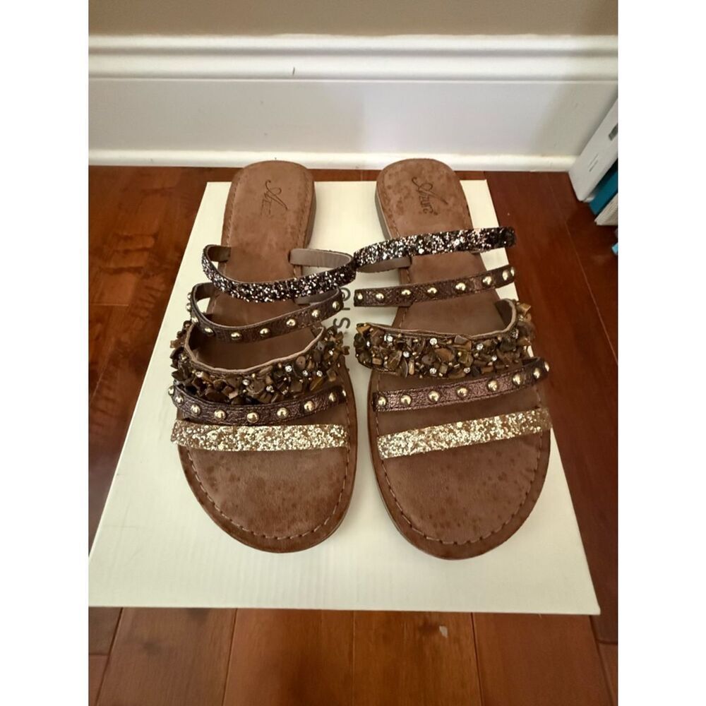 Azura Brown Jeweled Multi-Strap Slide Sandals